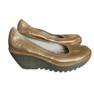 Fly London Yoza Wedge Shoes Women 8-8.5/39 Gold Metallic Fairy Party Comfort